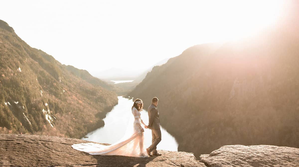 Elopement at Indian Head in Keene Valley, NY at sunset overlooking the Au Sable River