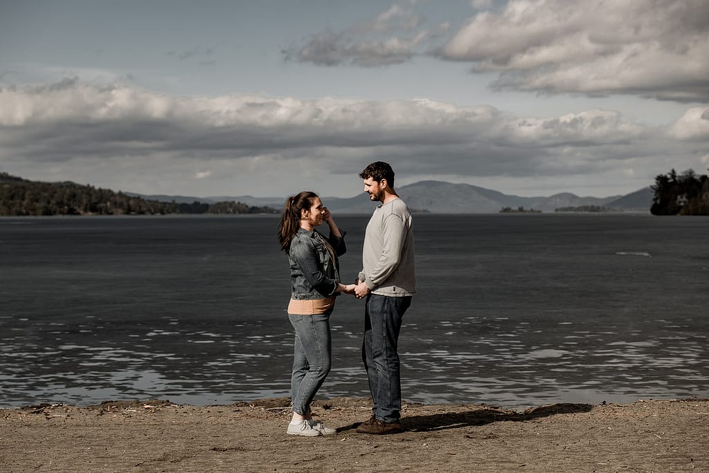 Proposing on the beach in Lake George, NY in the Adirondacks