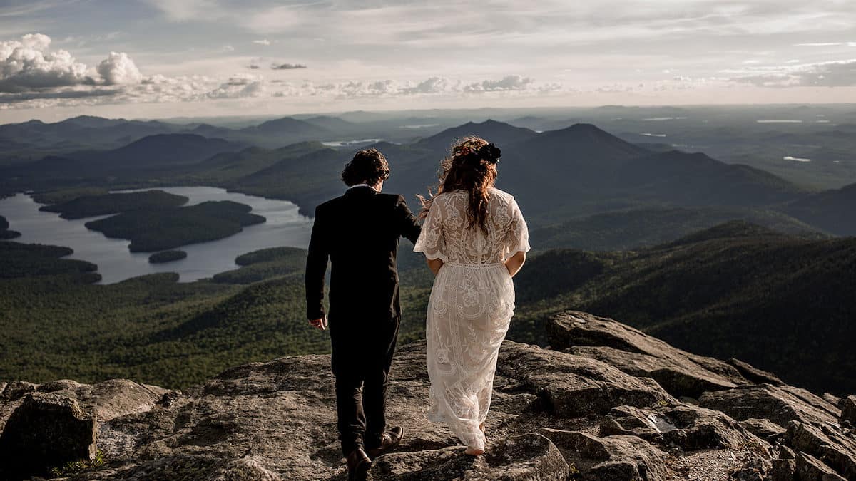 Elopement on Whiteface Mountain in Wilmington, NY overlooking the ADKs at sunset