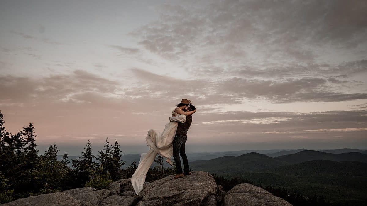 Sunset elopement with a long dress on Crane Mt in Johnsburg, New York