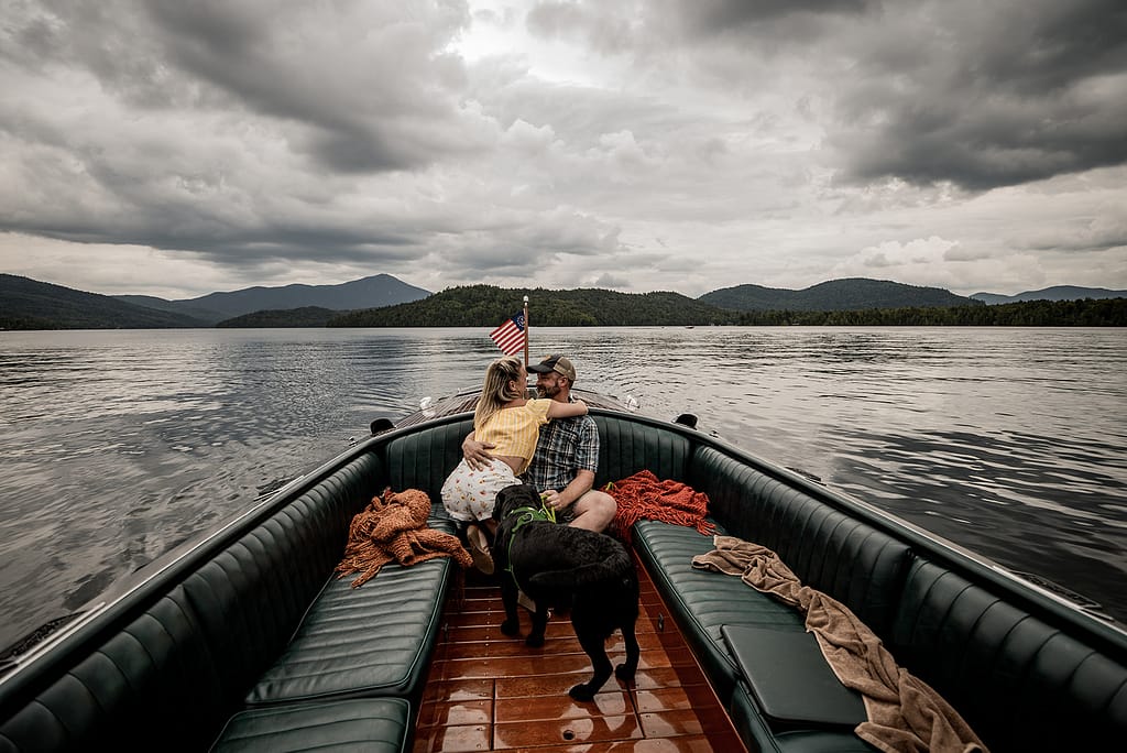 Proposal on a hacker craft boat in Lake Placid, NY in the Adirondacks
