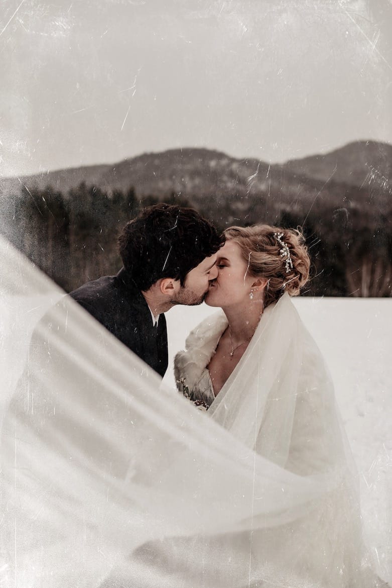 Jessica and Paul bridal portrait in the snow in the Adirondacks